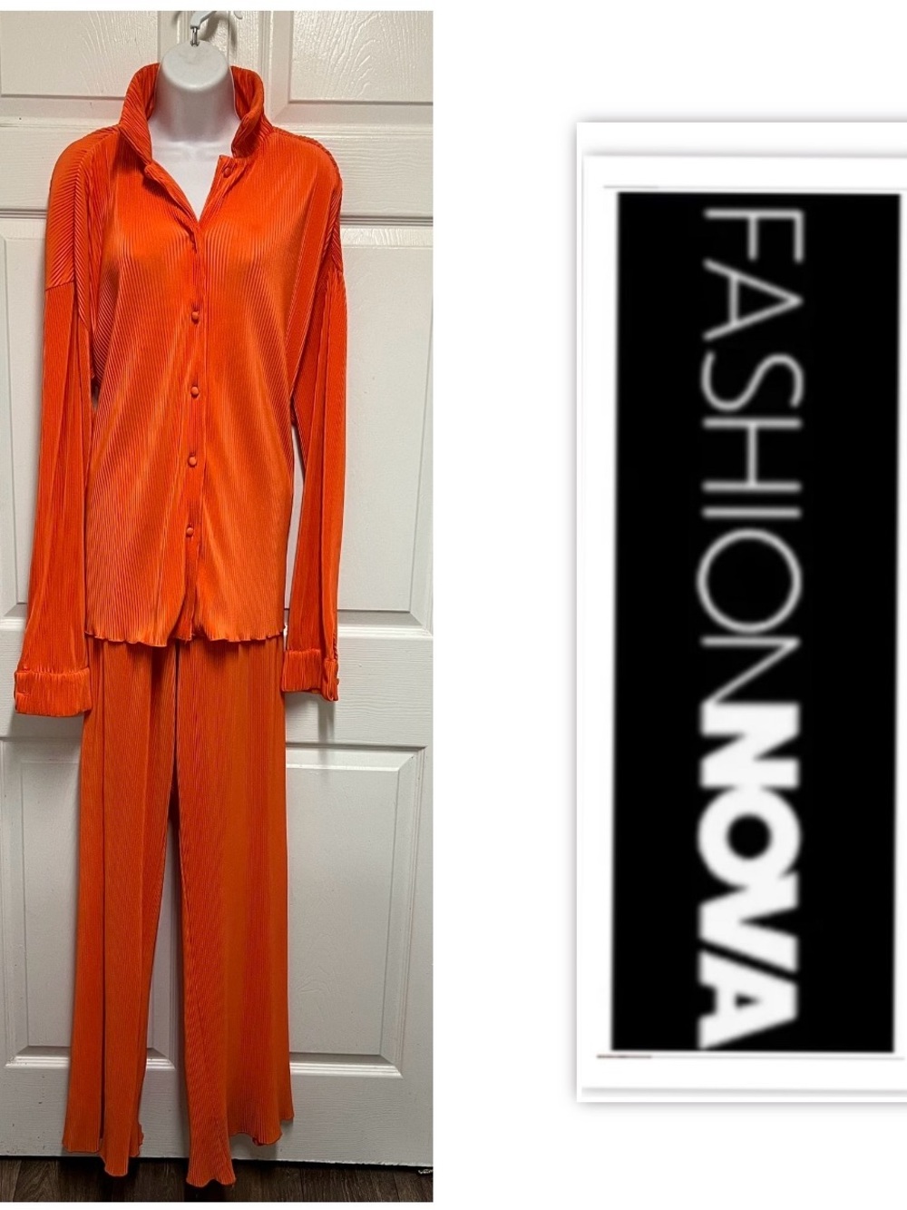 Fashion Nova Orange Two Piece Plisse Pants Set - Picture 2 of 12